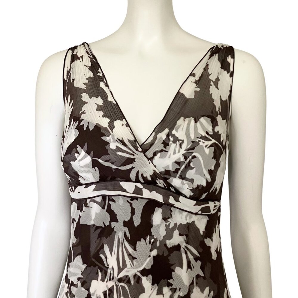 Vintage Y2K 100% Silk Ann Taylor Brown White Floral Midi Dress S/M Size 8 V Neck - Picture 11 of 14